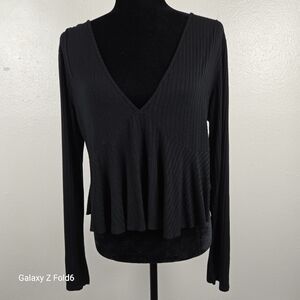Wild Fable Black‎ Ribbed Long Sleeve Peplum Top XL V-Neck Stretchy Blouse Work